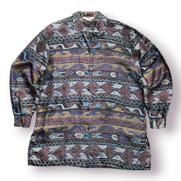 Vintage Stunt Collections Aztec Button Up Shirt Women Small 100% Silk Oversized - Picture 1 of 10